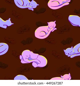 Sleeping kittens and elephant among them . Seamless pattern