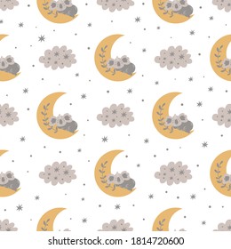Sleeping koala bear on the moon Baby pattern baby. Scandinavian cartoon style. Cute kids bed linen textile