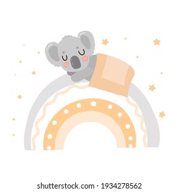  
schlafende Koala am Regenbogen auf weißem Hintergrund