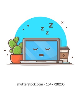 Sleeping Laptop With Cactus And Coffee Vector Icon Illustration. Technology Icon Concept White Isolated. Flat Cartoon Style Suitable for Web Landing Page, Banner, Sticker, Background