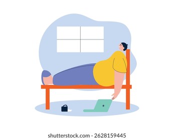 Dormir deitado na cama casualmente e deixar a água vazar do vidro, ilustração de vetor de preguiça.