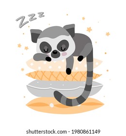 sleeping lemur on pillows on the white background