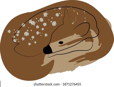 Sleeping line deer with paint spots, colour doodle sketch vector illustration, hand drawn animal drawing, isolated on white.
