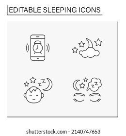 Sleeping line icons set. Nighttime with moon, stars and cloud. Alarm clock. Sleep in comfortable bed. Deep resting concept. Isolated vector illustrations. Editable stroke