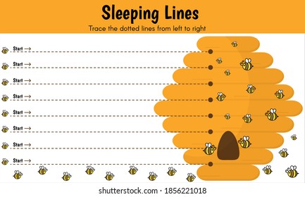 Sleeping lines, pencil control, the pattern for early learners, motor skills. Trace line worksheet for kids, practicing fine motor skills. Vector illustration showing honey bee and beehive.