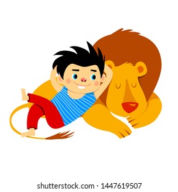 Sleeping Lion and Boy Friendly. Vectoral Illustration for Children Books, Magazines, Web Pages and Blogs.