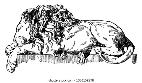 Sleeping Lion is a monument to Pope Clement XIII is found in St. Peter's, vintage line drawing or engraving illustration.