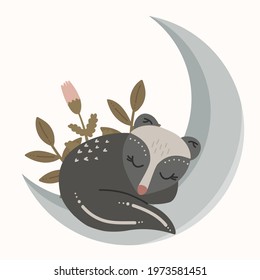 sleeping little badger at the moon. Green grass. Vector illustration.