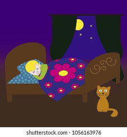 A sleeping little boy in bed and sitting home cat.