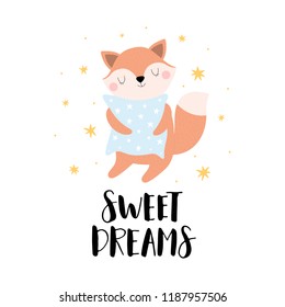 Sleeping little fox with pillow and tex Sweet dreams.