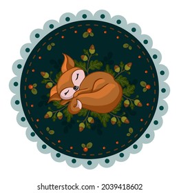 Sleeping little fox in a round frame, among the branches of an oak tree and acorns and red berries. Composition with forest plants and animals, cartoon vector graphics.
