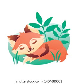 Sleeping Little Foxy. Cute Animal Lies among the Plants. Vector Illustration for your Design. 