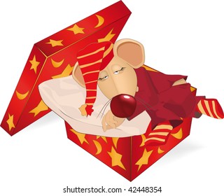 sleeping little mouse in a gift box