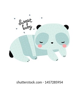 Sleeping little panda and lettering. Cute pastel card or print for babies. Vector hand drawn illustration.