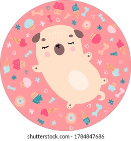 Sleeping little pug dreaming about food. Hand drawn doodle illustration of cartoon doggie. Colorful childish design for decorate.