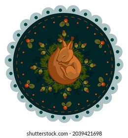 Sleeping little squirrel in a round frame, among the branches of an oak tree and acorns and red berries. Composition with forest plants and animals, cartoon vector graphics.