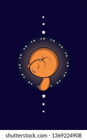 
sleeping little squirrel surrounded by heavenly stars on a blue background