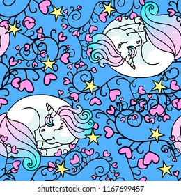 Sleeping little unicorn seamless pattern blue