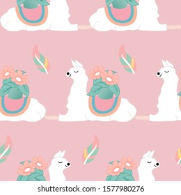 Sleeping llama and boho feather in a seamless pattern design, perfect to use on the web or in print