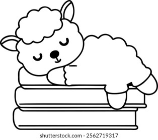 A Sleeping llama resting on books, conveying sense of calm and coziness