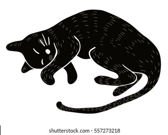 Sleeping lovely curled up black cat. Cartoon character isolated on white background.