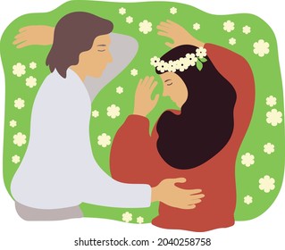 sleeping lovers. a girl with a guy in a flower meadow. a colorful poster for Valentine's day.
