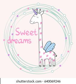 Sleeping Magic cute giraffe. Cute Hand Drawn greeting card.