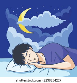 Sleeping male person with blue shirt and black hair on light blue bed with dark night blue sky background. Moon and clouds. Cartoon manga art style with simple and clean flat line art. Full colored.