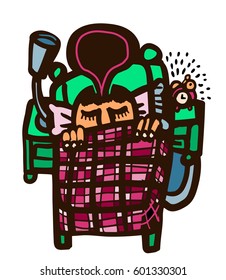 Sleeping man in a bed with alarm clock