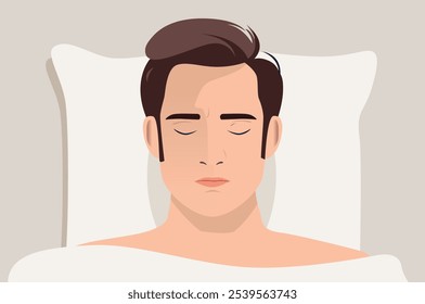 Sleeping man in bed - Face with closed eyes of male person falling asleep, feeling comfort and relaxed with head on pillow lying under blanket in bed. Top down view vector illustration graphic