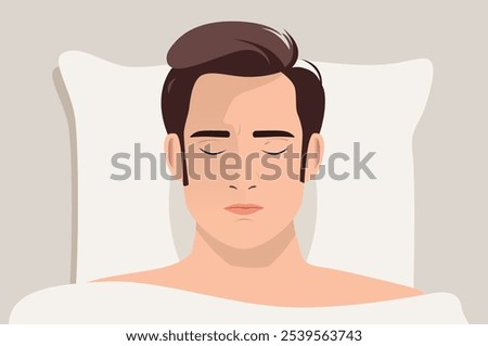 Sleeping man in bed - Face with closed eyes of male person falling asleep, feeling comfort and relaxed with head on pillow lying under blanket in bed. Top down view vector illustration graphic