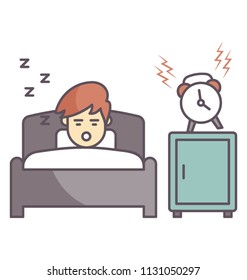 
A sleeping man in bedroom and morning alarm is ringing, wake-up time concept 
