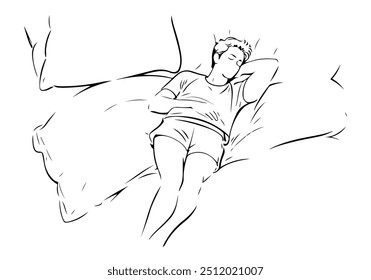 Dibujo de la línea del bosquejo negro del hombre durmiente sobre fondo blanco. Hombre guapo en posición de dormir en el Vector de la cama Ilustración lineal simple