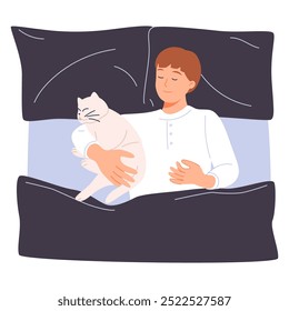 Hombre durmiente y gato en la cama. Propietario de mascotas y lindo gatito dormido por la noche. Persona acostada bajo una manta, soñando, relajándose junto con un animal felino. Ilustración vectorial plana aislada en blanco