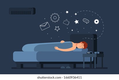 Sleeping man concept. Guy bed, night dreams. Male sleep at home in bedroom vector illustration