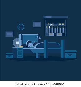 Sleeping man concept template. Cool vector flat illustration Room with a window at night. vector illustrations