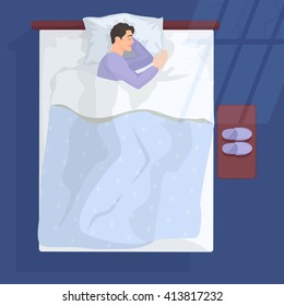 Sleeping man in dark room in bed at night near window. Vector illustration. 