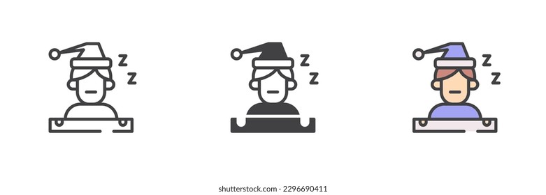 Juego de iconos de estilos diferentes para el hombre durmiente. Línea, glifo y contorno relleno versión colorida, contorno y signo vectorial relleno. Símbolo, ilustración del logotipo. Gráficos vectoriales
