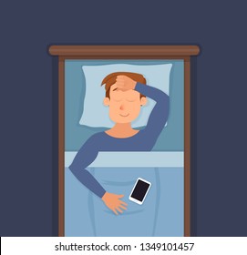 Sleeping man face cartoon character happy guy have a sweet dream. Person with closed eyes in darkness night lying on bed, pillow, blanket. Resting male napping, tired, sound zzz vector illustration