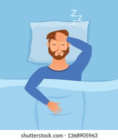 Sleeping man face cartoon character happy guy have a sweet dream. Person with closed eyes in darkness night lying on bed, pillow, blanket. Resting male napping, tired, sound zzz vector illustration