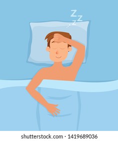 Sleeping man face cartoon character happy guy have a sweet dream. Person with closed eyes in darkness night lying on bed, pillow, blanket. Resting male napping, tired, sound zzz vector illustration