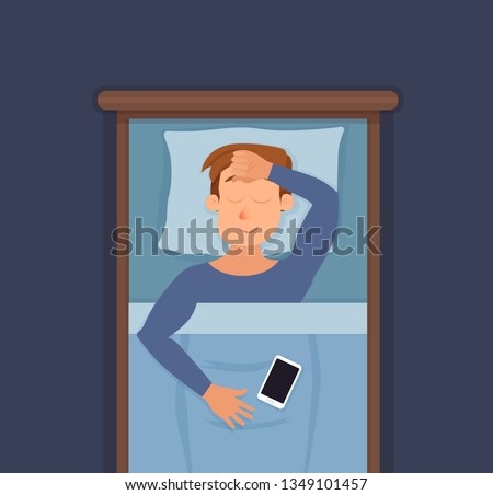 Sleeping man face cartoon character happy guy have a sweet dream. Person with closed eyes in darkness night lying on bed, pillow, blanket. Resting male napping, tired, sound zzz vector illustration