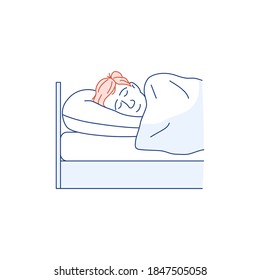 Sleeping man flat line icon isolated on white background. Get enough sleep concept. Male person sleeps in bedroom. Healthy lifestyle. Tired character has dream rest. Outline design vector illustration