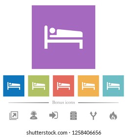 Sleeping man flat white icons in square backgrounds. 6 bonus icons included.