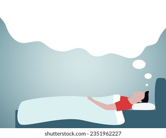 Hombre durmiente con una plantilla de concepto de sueño. Ilustración plana vectorial fría con nubes de sueño vacías y hombre durmiente.