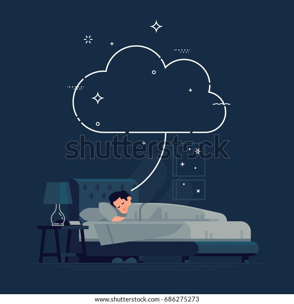 夢のコンセプトテンプレートを持つ睡眠中の男性 空の夢の雲と眠る男性を持つ クールなベクター画像の平らなイラスト のベクター画像素材 ロイヤリティフリー