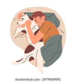 Sleeping man with his dog. Man sleep in bed with his pet, resting and bedtime scene flat vector illustration. Guy sleeping in bed