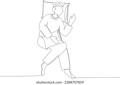 A sleeping man holding a head pillow. Sleep one-line drawing