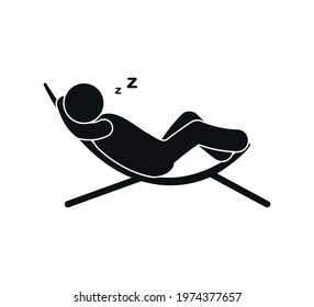 sleeping man icon, human silhouette lies in sun lounger, vector illustration sleep, stick man isolated pictogram, rest on vacation