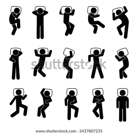 sleeping man icon, stick figure people sleeping, set of human silhouettes